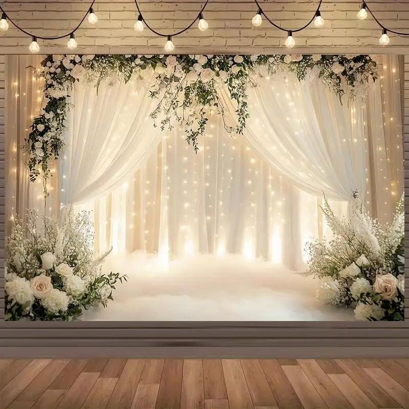 A Fashionable Floral Arch Wedding Background with White Curtains and Gentle Radiance