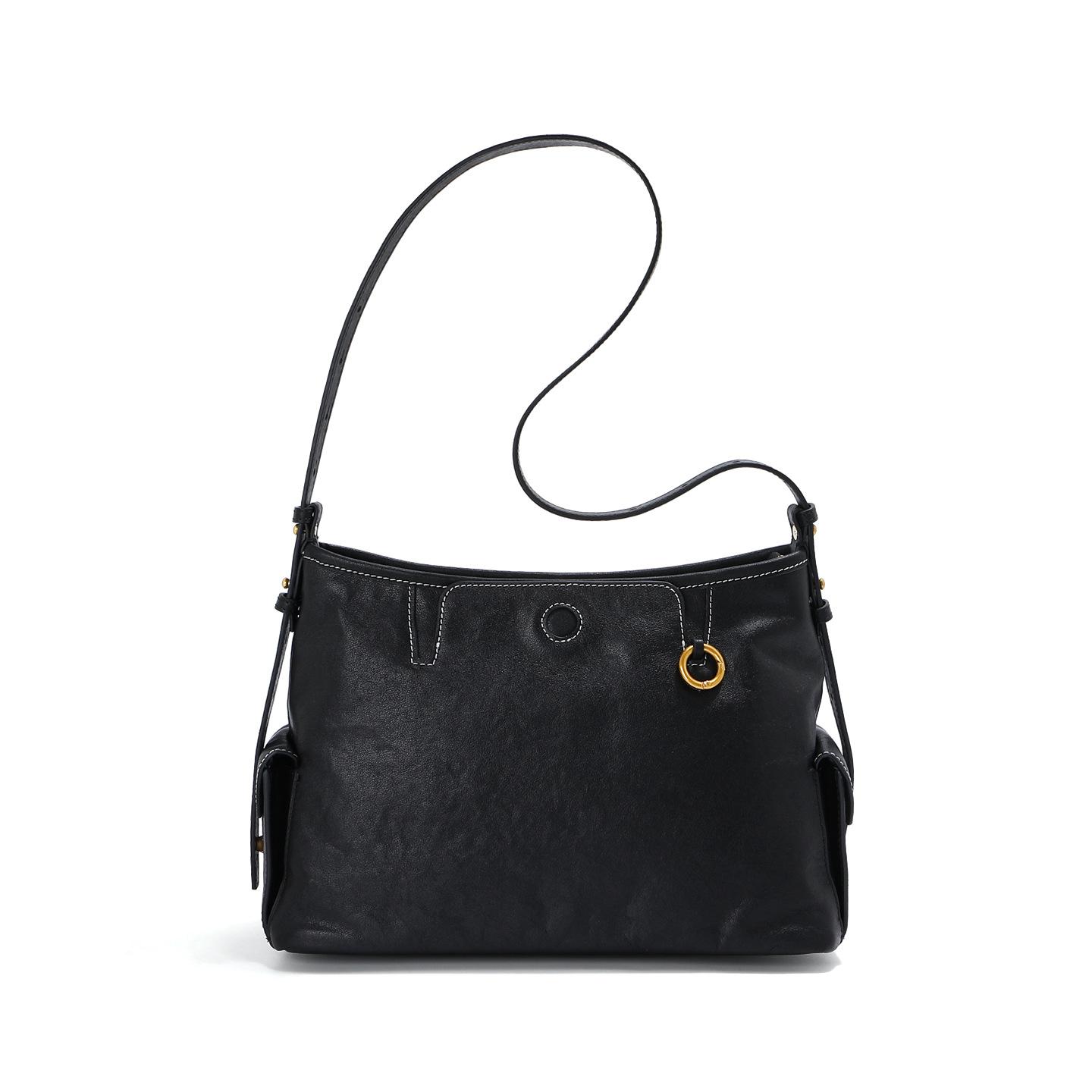 

Женская повседневная сумка большой вместимости, сумка под мышку из натуральной кожи, сумка-органайзер из коровьей кожи, дизайн для небольшого круга, сумка-хобо 28x12x19cm чёрный