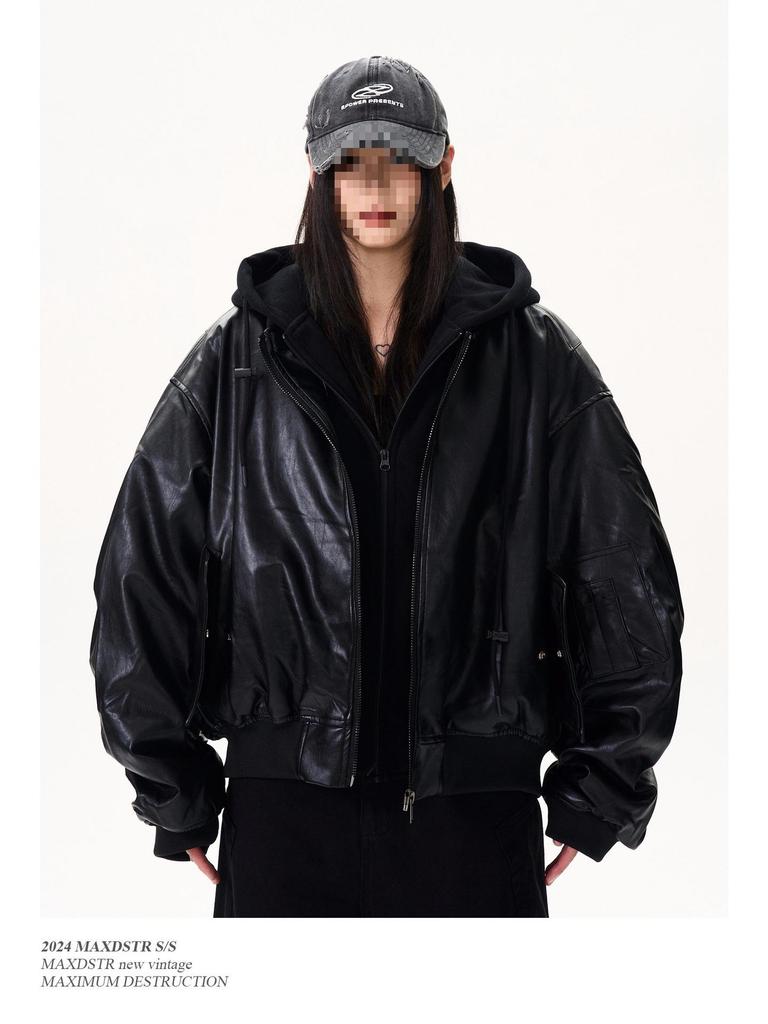 2025 Unisex Černá Bomberová Bunda s Kapucí ze Patchworkové PU Kůže