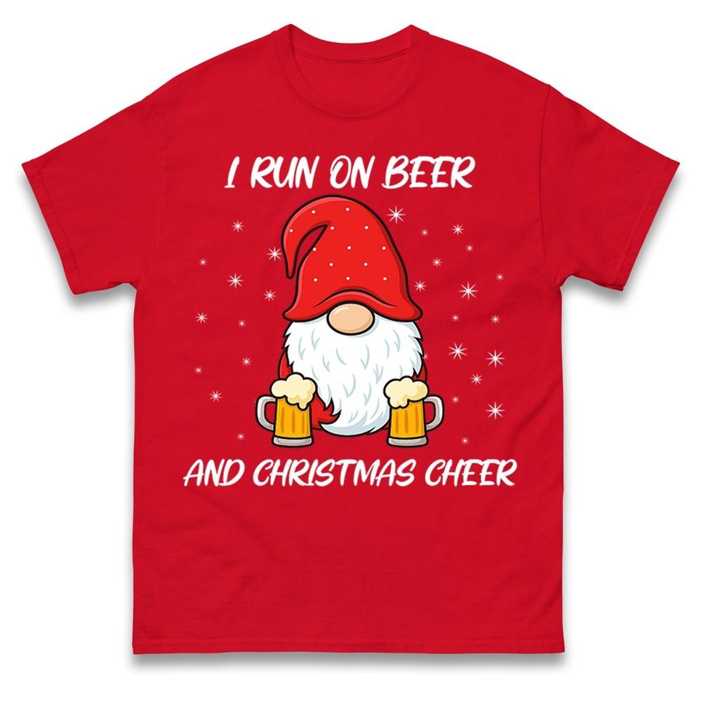 I Run On Beer And Christmas Cheer Funny Christmas T Shirt Xmas Gnome Gift Top S