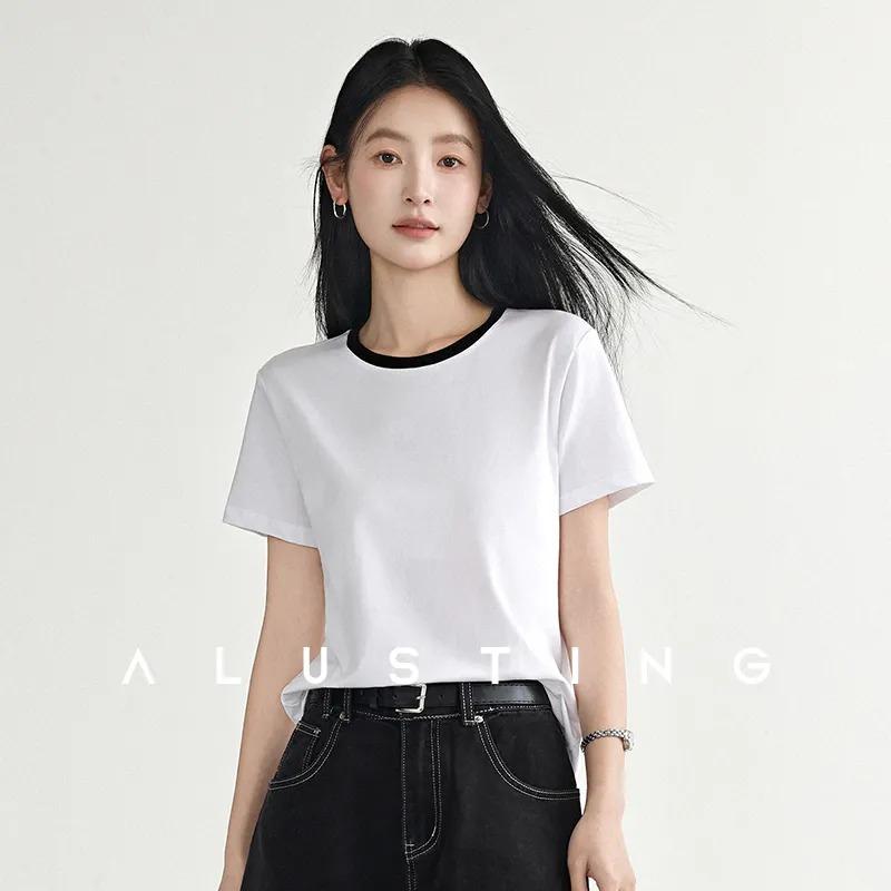 Women s Contrast Collar Short Sleeve T-Shirt Casual Crew Neck Basic Top L белый