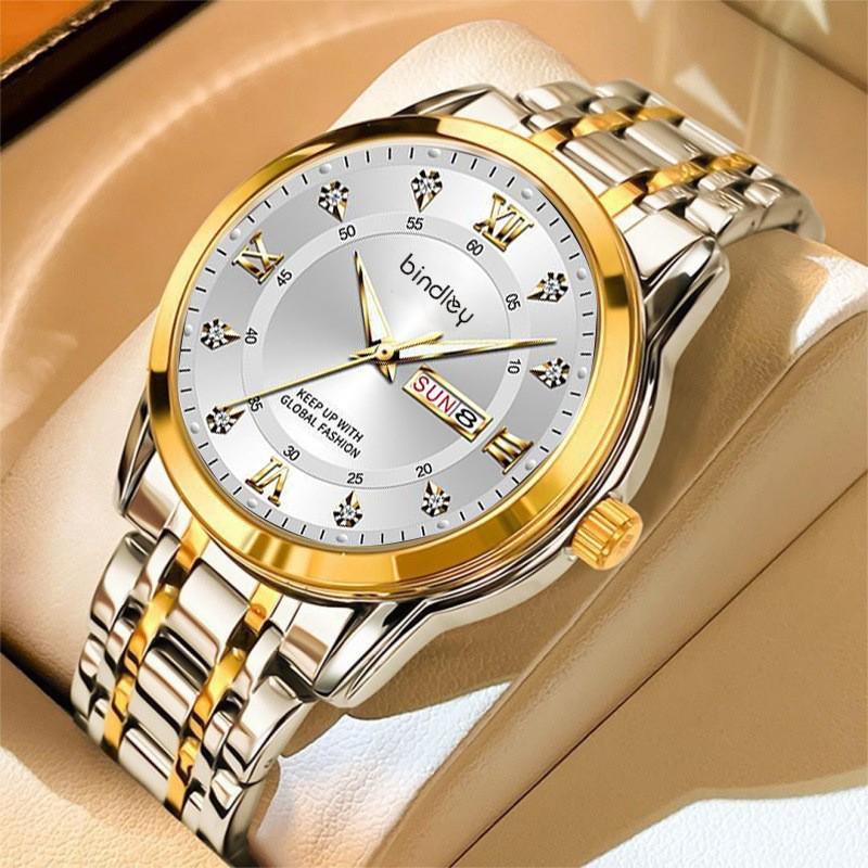 Swiss Luxury Men's Waterproof Quartz Watch with Dual Calendar & Luminous Steel Band
