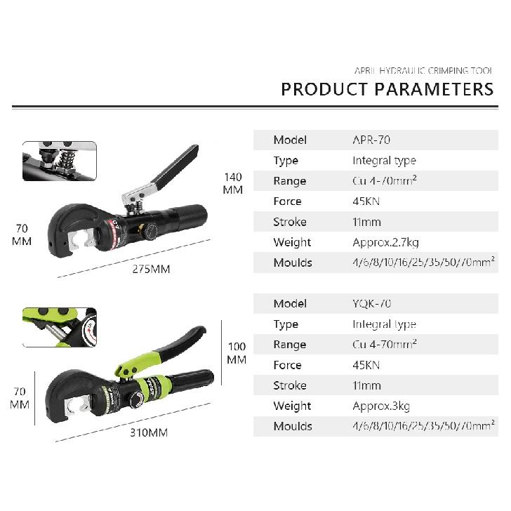 APRIL Hydraulic Crimping Tool YQK-70 Cable Lug Crimper Plier 4-70mm2 Compression Tool Pressure 5-6T Pressure