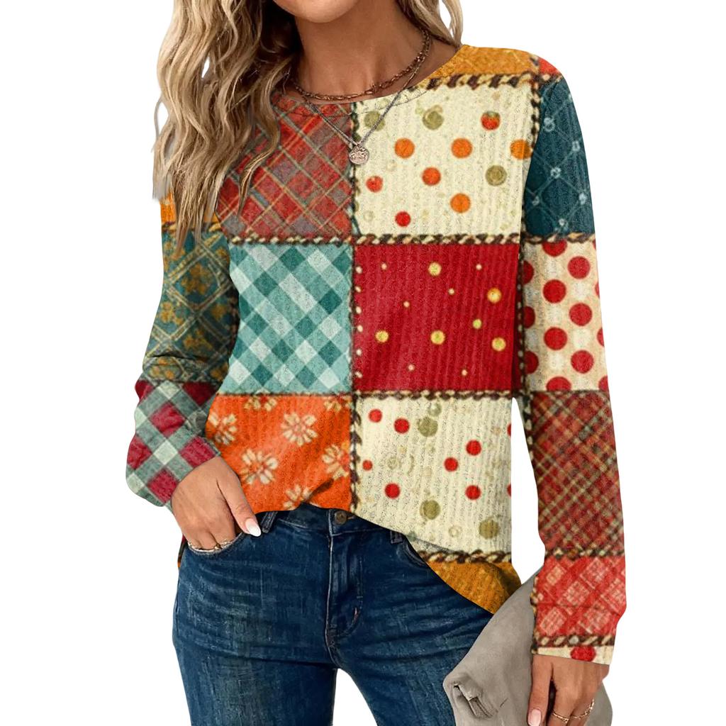 Women's Plaid Print Round Neck Long Sleeve Casual Loose Top