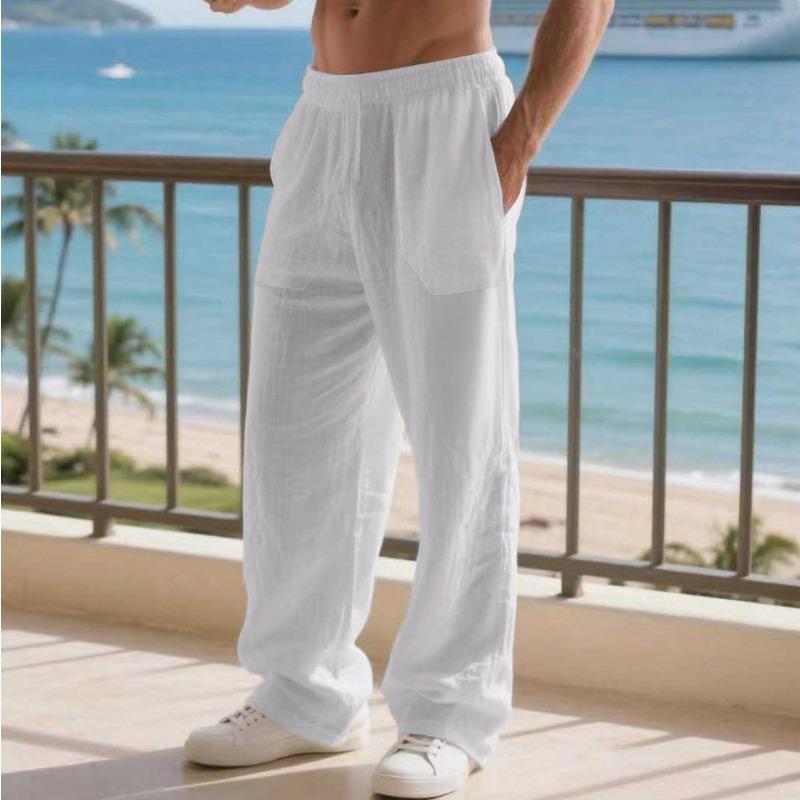 New Spring and Autumn Loose Men's Large Size Solid Color Light Mature Casual Lace-up Linen Trousers
