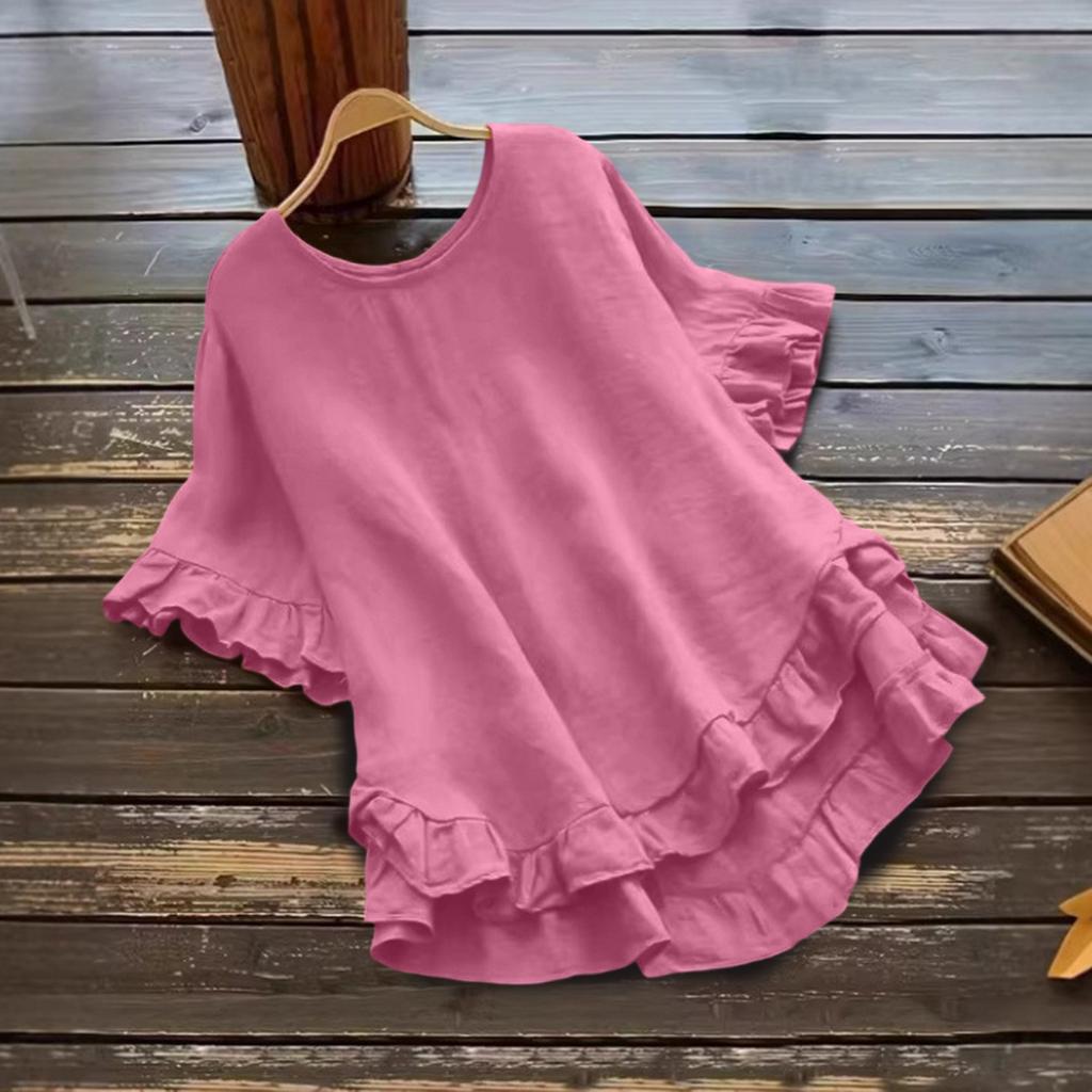Women's Fashionable Plus Size Color Round Neck Ruffle Short Sleeved  Round Neck Loose Pullover Top