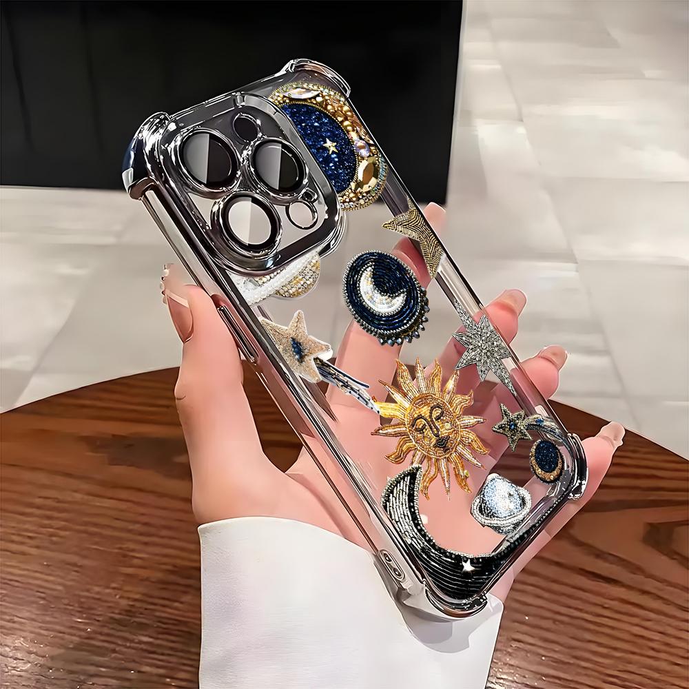 Retro Sun Star Pattern Electroplate AntiDrop Phone Case For iPhone 16 Pro Max 15 14 Plus 13 12 11 17 Air 16E Transparent Cover