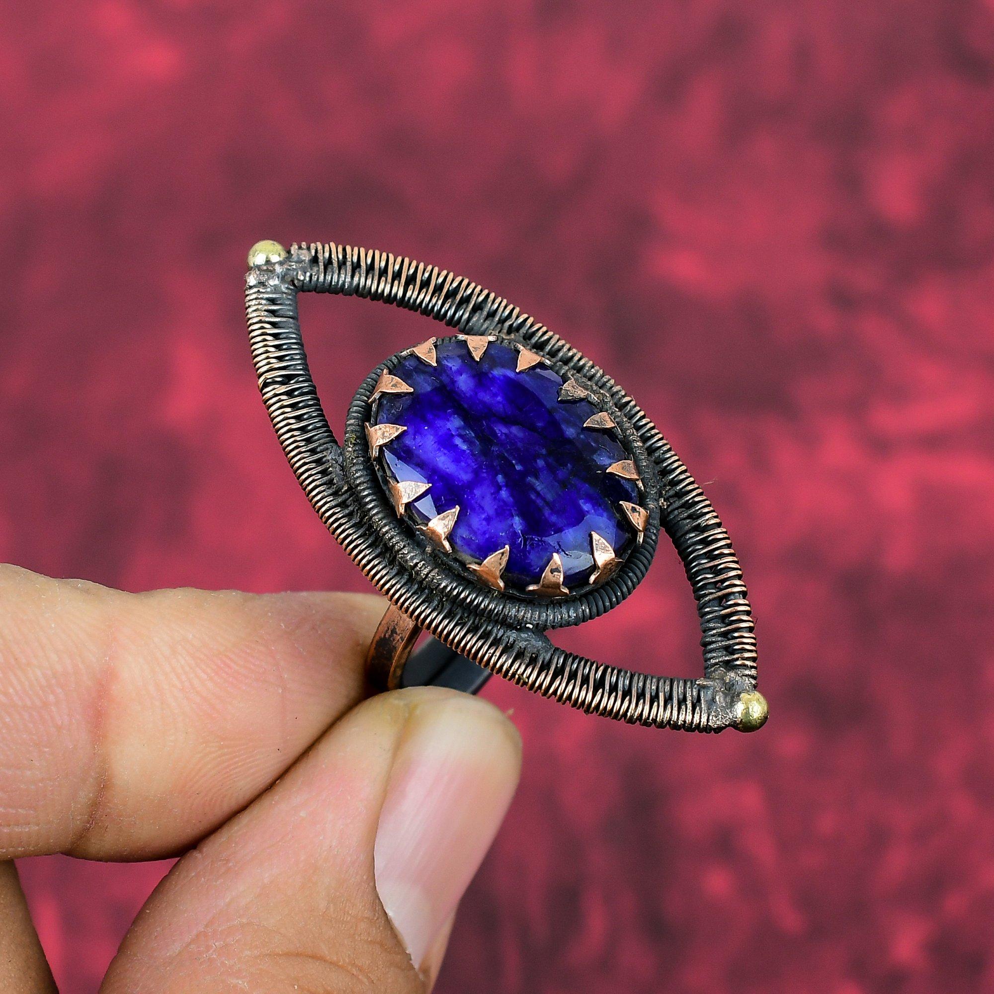 Faceted Blue Sapphire Ring Copper Wire Wrapped Ring Natural Gemstone Jewelry Handmade Ring Adjustable Ring Copper Wire Jewelry Gifts For Her Adjustable