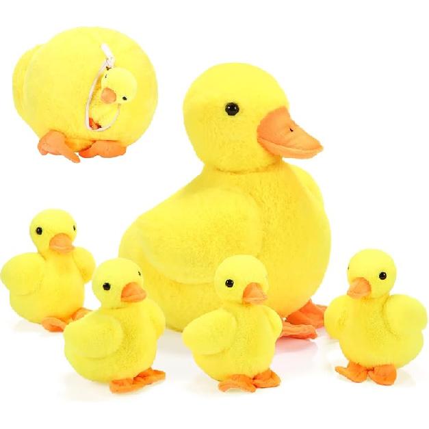 Zomiboo 5 Pieces Duck Stuffed Animals Plush Toys Includes Big Stuff Mommy Duck with 4 Little Baby Duck Soft Duck Family Plush with Zipper Pouch for
