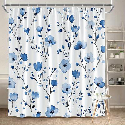 1pc Blue Floral Shower Curtain -Simple Watercolor Design with Gradient Petals and Oval Leaves Polyester Fabric, Machine Washable