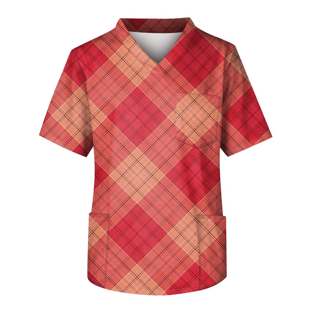 Men's Printing Short Sleeve V-neck Working Blouse Chest Pocket Carer Top