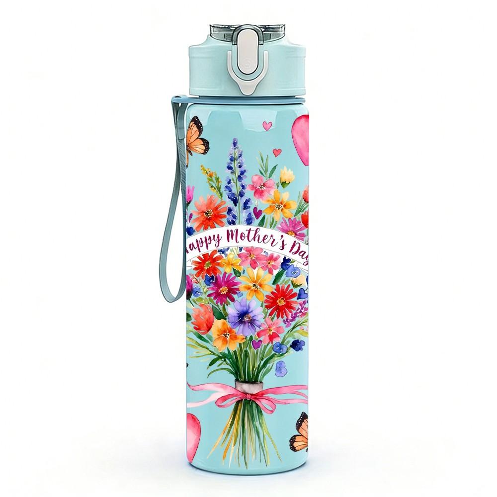 1PC Heart Shaped Bouquet Butterfly Pattern 750ml Color Plastic Sports Water Bottle Leakproof Flip Straw Lid Suitable for Sports Office Home Use