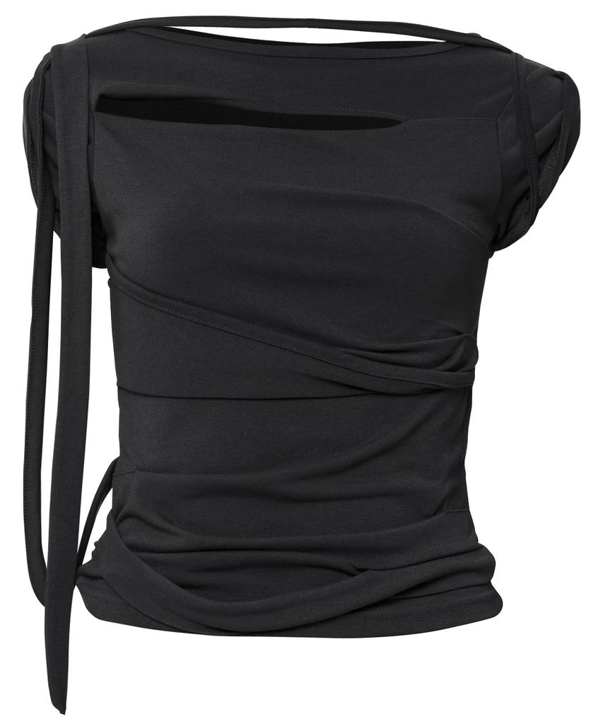 Peulleeoeob Asymmetrical Draped Strap Roll-Up T-Shirt (Fl-170_Black)