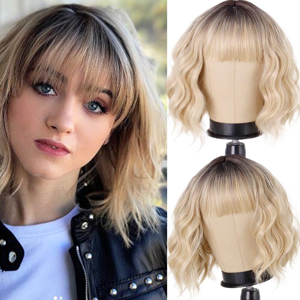 MISS WIG Women Fashion Short Wavy Wig with Bangs Synthetic Fiber Pure White Wavy Wig Cosplay Halloween Party Wear