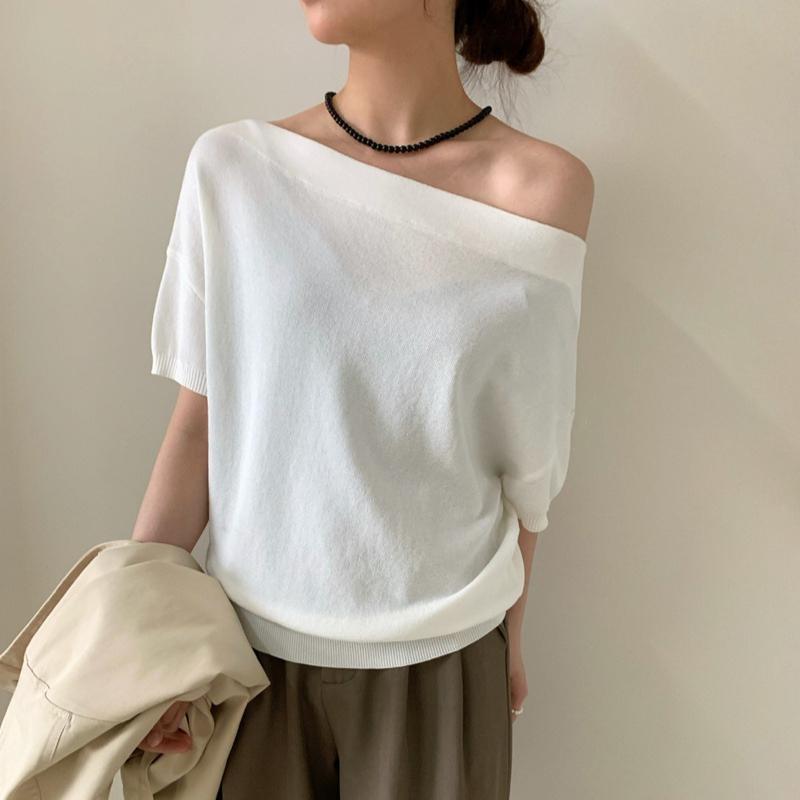 

Летний повседневный свитер женский с косым воротником в черную полоску Пуловер Харадзюку Женские топы с коротким рукавом Трикотаж Трендовые свитера One Size