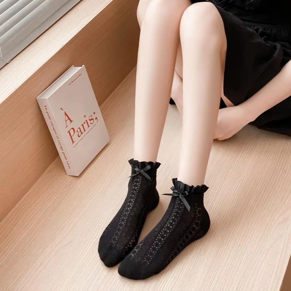 1 pair Hollow Out Mesh Princess Bow Socks Breathable Ruffle Lace Socks Low Tube Socks Women Girls
