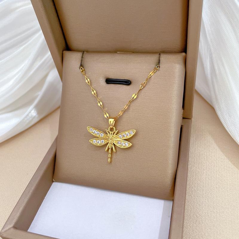Full Diamond Dragonfly Light Luxury Temperament Gorgeous Full Diamond Necklace Female Versatile Collarbone Chain Titanium Steel Chain
