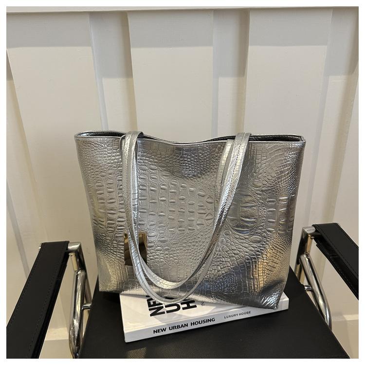 Mode Décontracté Sacs à Bandoulière pour Femmes Sac à Main Crocodile Argent Or Noir Sac Cabas Grand en Cuir PU Sacs à Main pour Dames Sac gray