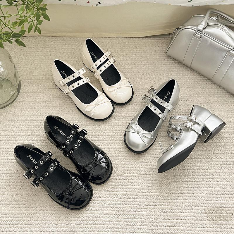 Fashion French Vintage Block Heel Mary Jane High Heels 2025 New Spring and Autumn Shallow Bow with Skirt Small Leather Shoes