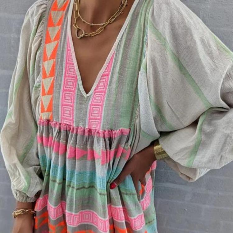 Bohemian Spring Summer Women Casual Dress Geometric Print Maxi Dress with V Neck Lantern Sleeves Loose Female Clothes
