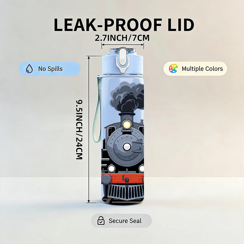 1PC Vintage Steam Train Graphic 750ml Color Plastic Water Bottle Leakproof Flip Straw Lid For Sports Office Home Use