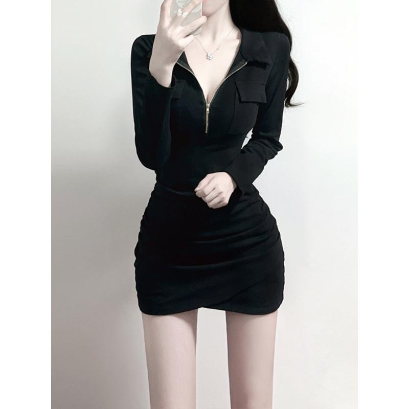 Slim and thin waist sexy little black dress spring black pure desire polo collar hip wrap dress