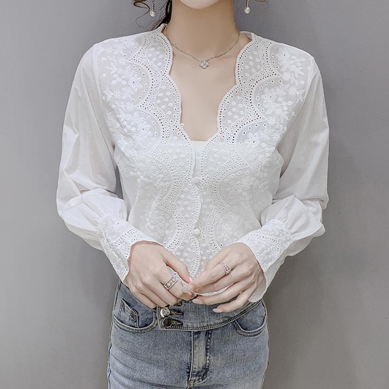Geborduurde Elegante Witte Kanten Blouse Vrouwen V-hals Vintage Vrouw Shirt Golvend Cut Lange Mouw Blouses Kantoor Dame Tops 17381