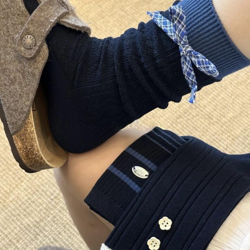 Ladies Spring and Autumn Check Bow Floral Button Bubble Mouth Lace College Windpipe Socks