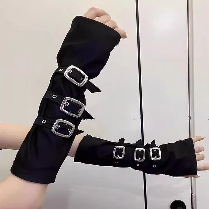 Punk Hip-hop Style Long Half Finger Gloves Women's Metal Buckle Personalized Role-playing Stage Performance Elastic Party Gloves