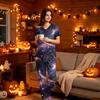 Women's V-Neck Short Sleeve Scrub Set with Pockets, Halloween Print 2-Piece Uniform for Work