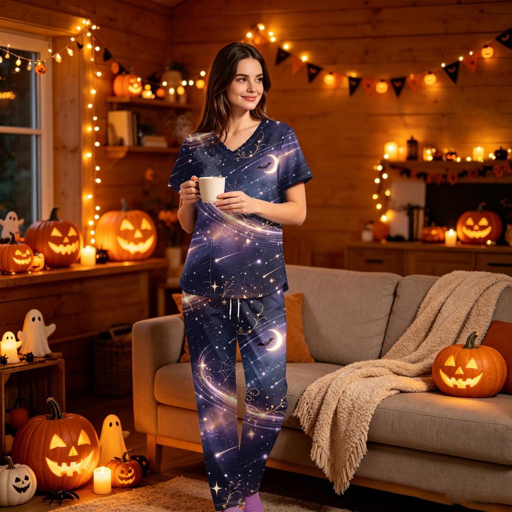 Women's V-Neck Short Sleeve Scrub Set with Pockets, Halloween Print 2-Piece Uniform for Work