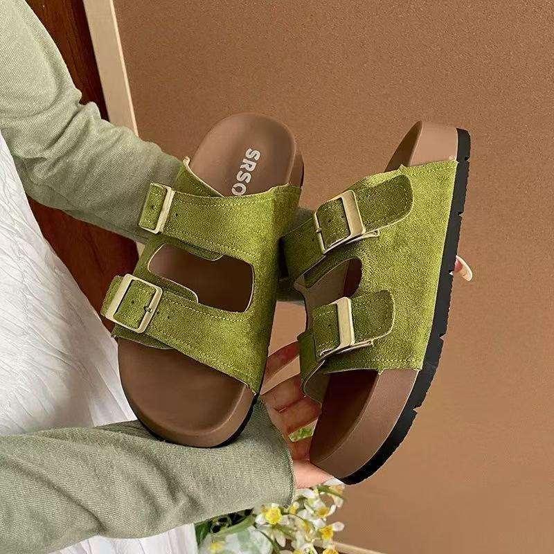 Retro thick-soled heightening one-word slippers women's summer 2025 new wear simple non-slip soft-soled Birkencool slippers