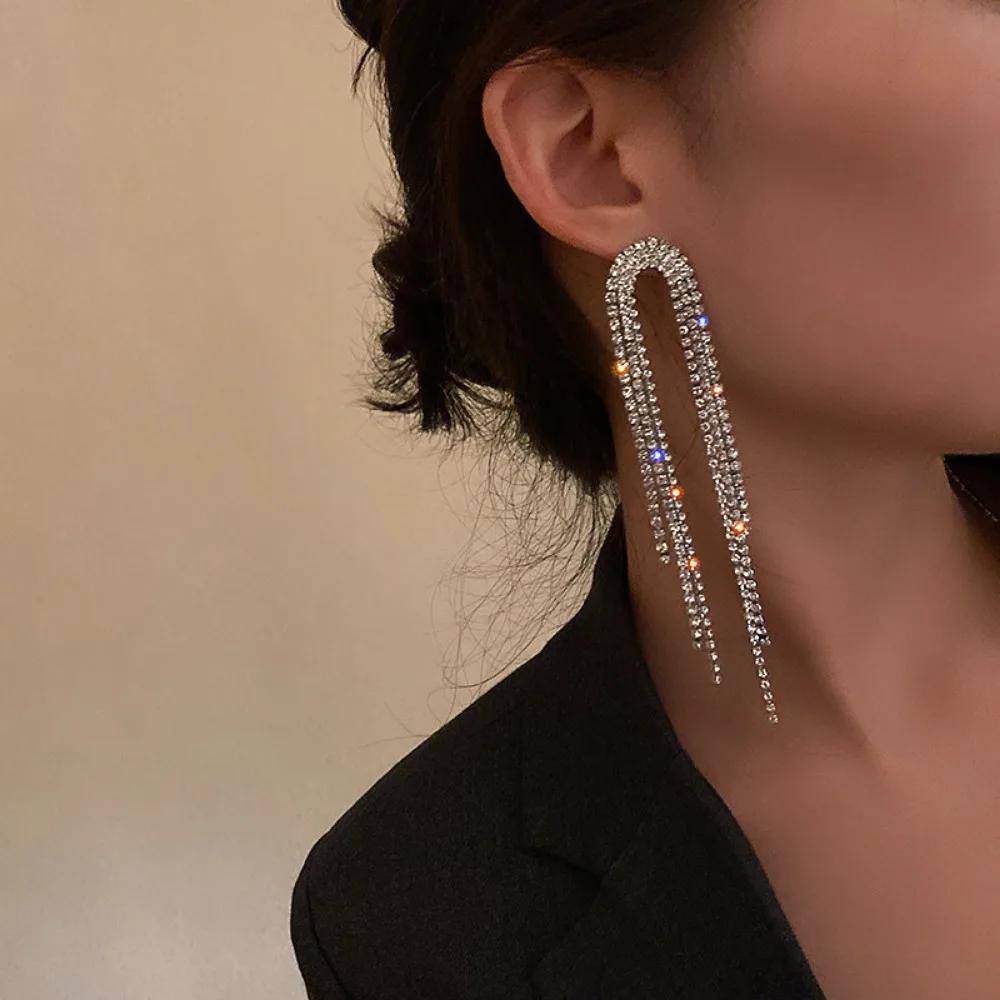 Exquisite Luxury Shiny Crystal Dangle Earrings for Women Long Tassel Full Rhinestone Statement Earring Korean Fashion Jewelry