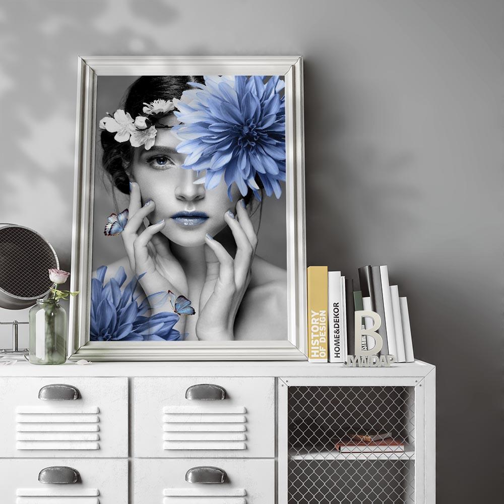 

Canvas Painting Nordic Fashion Blue Flower Black White Beauty Woman Modern Abstract Wall Art Picture Poster Girl Home Decor Gift No Frame 21*30cm No Frame