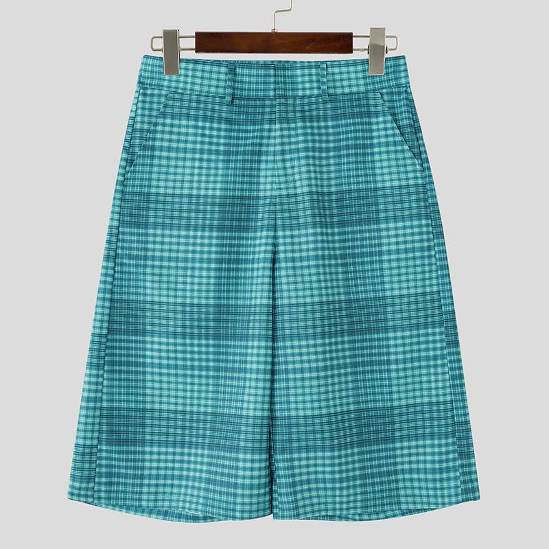 

INCERUN Men Zip-up Waist Plaid Print Casual Loose Half Pants S зелёный