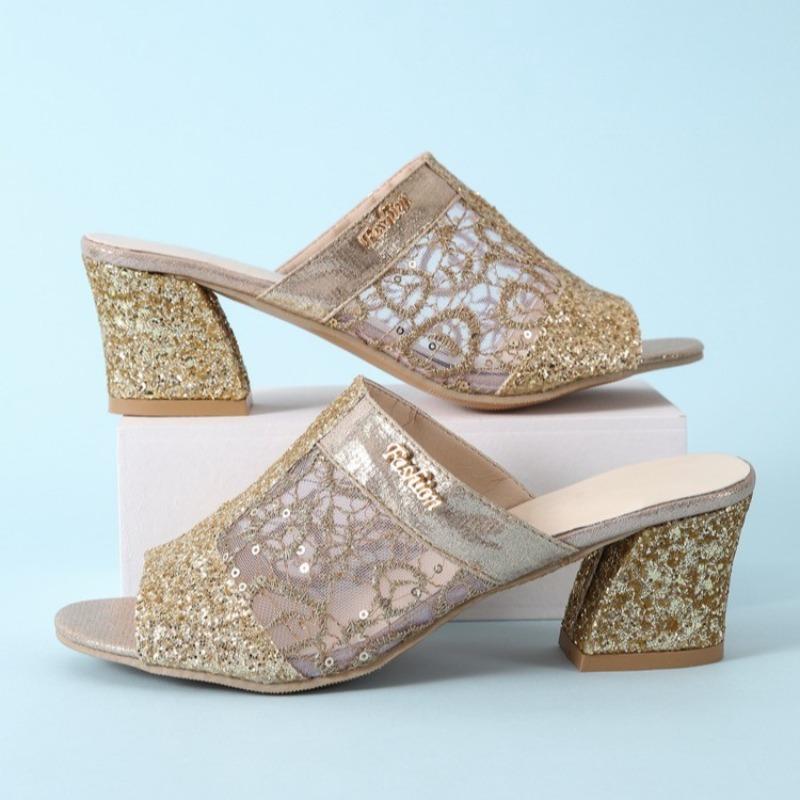 

Fashion Bling Mesh Women High Heels Slippers Fad Chunky Slingback Sandals 2025 Summer New Shoes Luxury Flip Flops Dress Pumps Sandalias 43 золотой