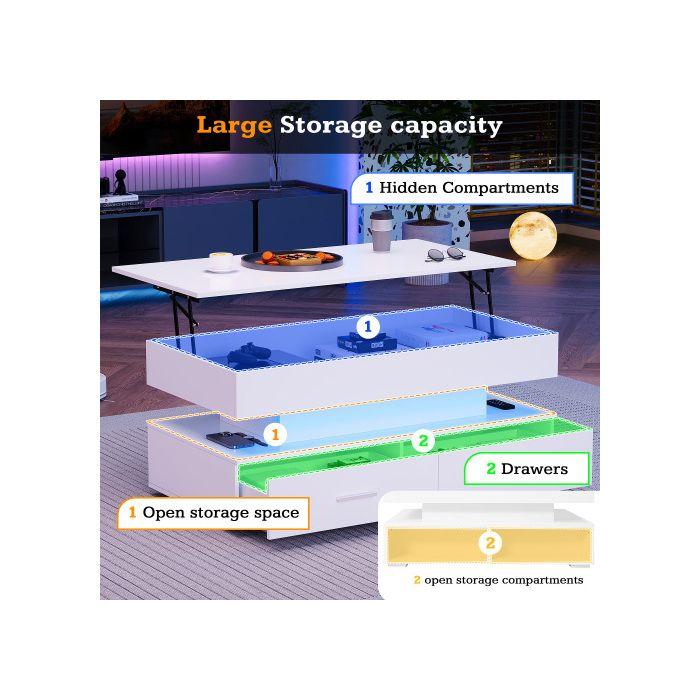 Măsuță de cafea hidraulică - MUVOE - Reglabilă pe înălțime - 2 sertare - Iluminare LED - Alb