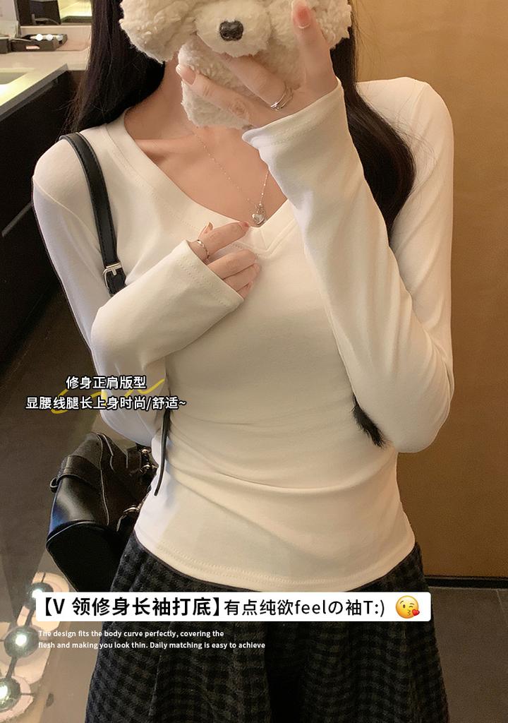 V Neck Long Sleeve Slim Fit Cotton T Shirt Basic Inner Top
