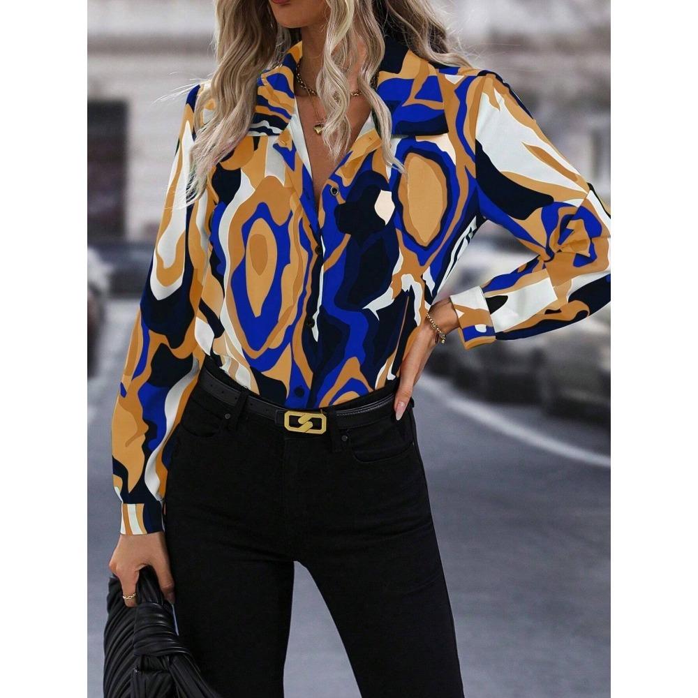 Simple And Clear Love Flower Print Ladies Casual Long Sleeve Lapel Shirt Outdoor Casual Ladies Shirt Urban Street Fashion Shirt