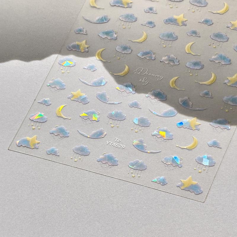 Embossed Clouds Moon Nail Embossed Sticker Sparkling Aurora Colorful Clouds Nail Decals Floral Elegant Manicure Decoration