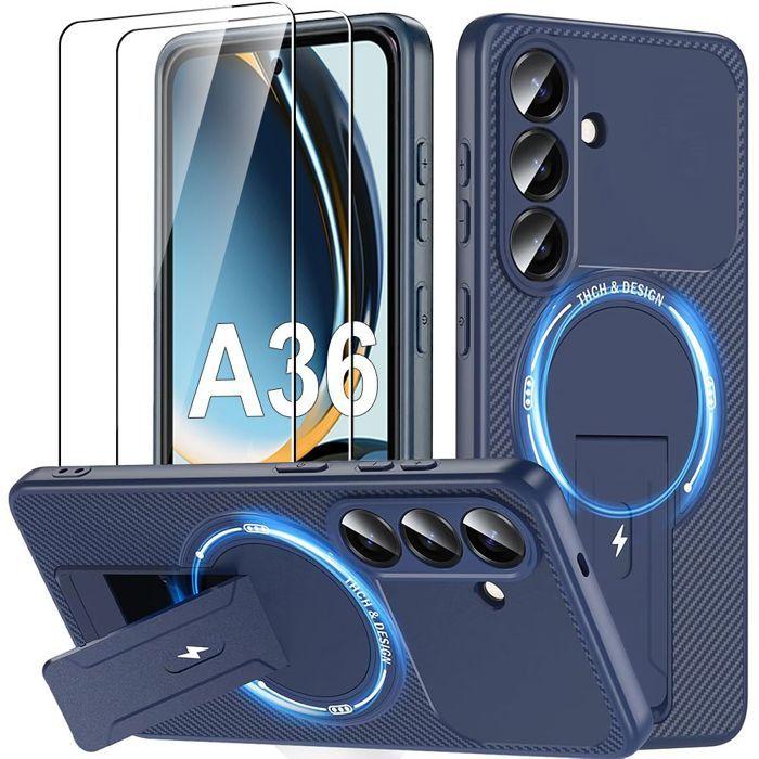 Coque pour Samsung Galaxy A36 5G, avec Cercle Magnétique et Support Bleu Marine - 2 Verres Trempés