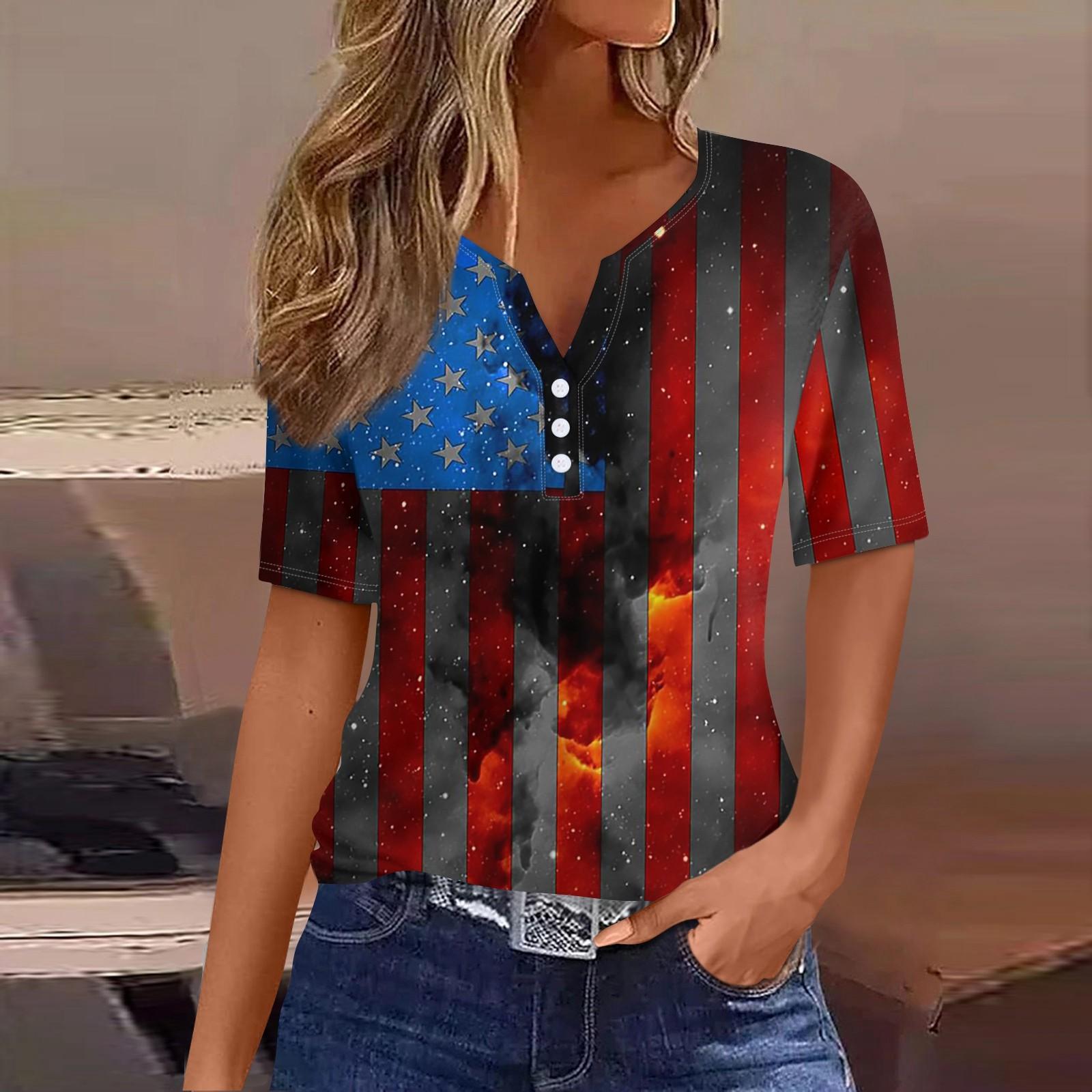 

Жен. Футболка Футболка День независимости С принтом Пуговицы С короткими рукавами Повседневные Выходные Мода Классический Классический V-образный вырез Обычный Топ XL винный