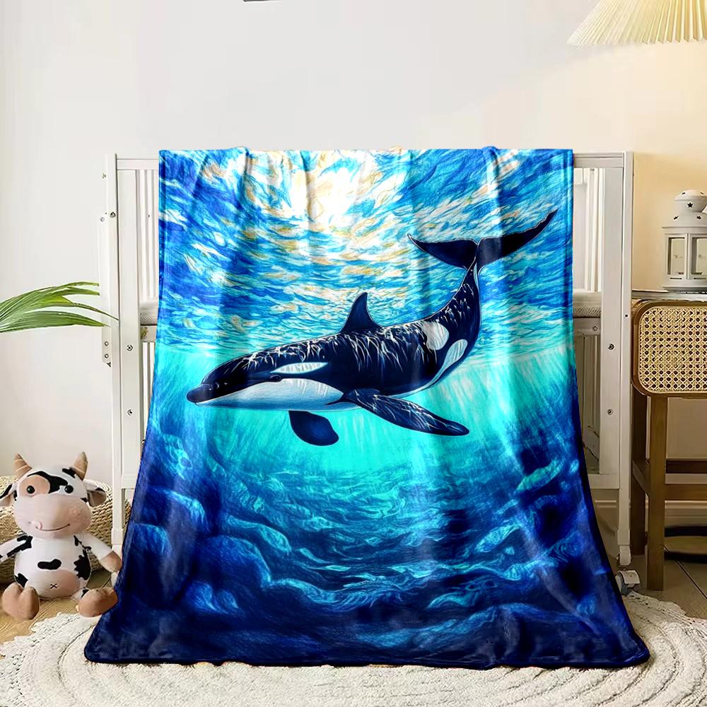 Orca Whale In Deep Ocean Art Flannel Blanket for Bedroom Living Room Sofa and Nap