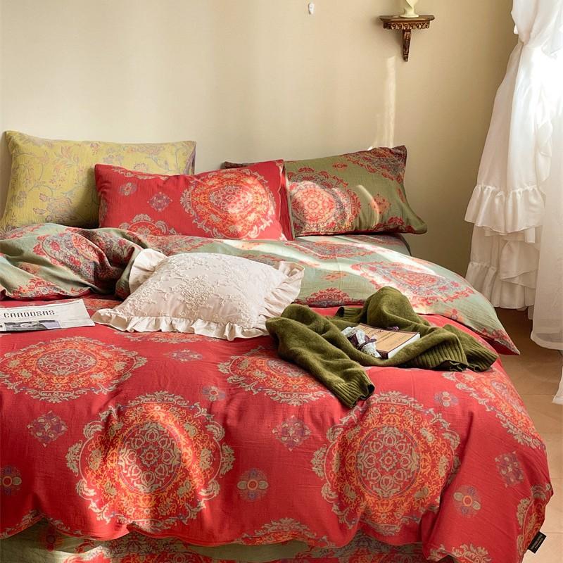 

French Retro Cotton Color-Woven Jacquard Double-Layer Yarn4-Pcs Set Class A Maternal And Infant Grade Pure Cotton Gauze Bed Sheet Quilt Cover standard 200 * 230