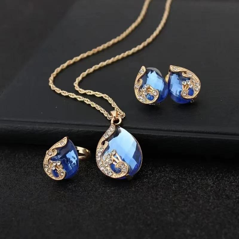 3PCS Peacock Gemstone Lady Jewelry Set Temperament Shiny Crystal Waterdrop Necklace Hoop Earring Ring Gold Color Evening Jewelry
