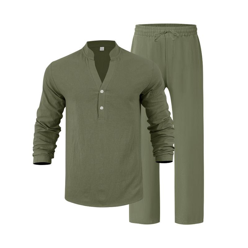 Men Loose Casual Breathable V Neck Long Sleeve Henley Shirt And Long Pants Set