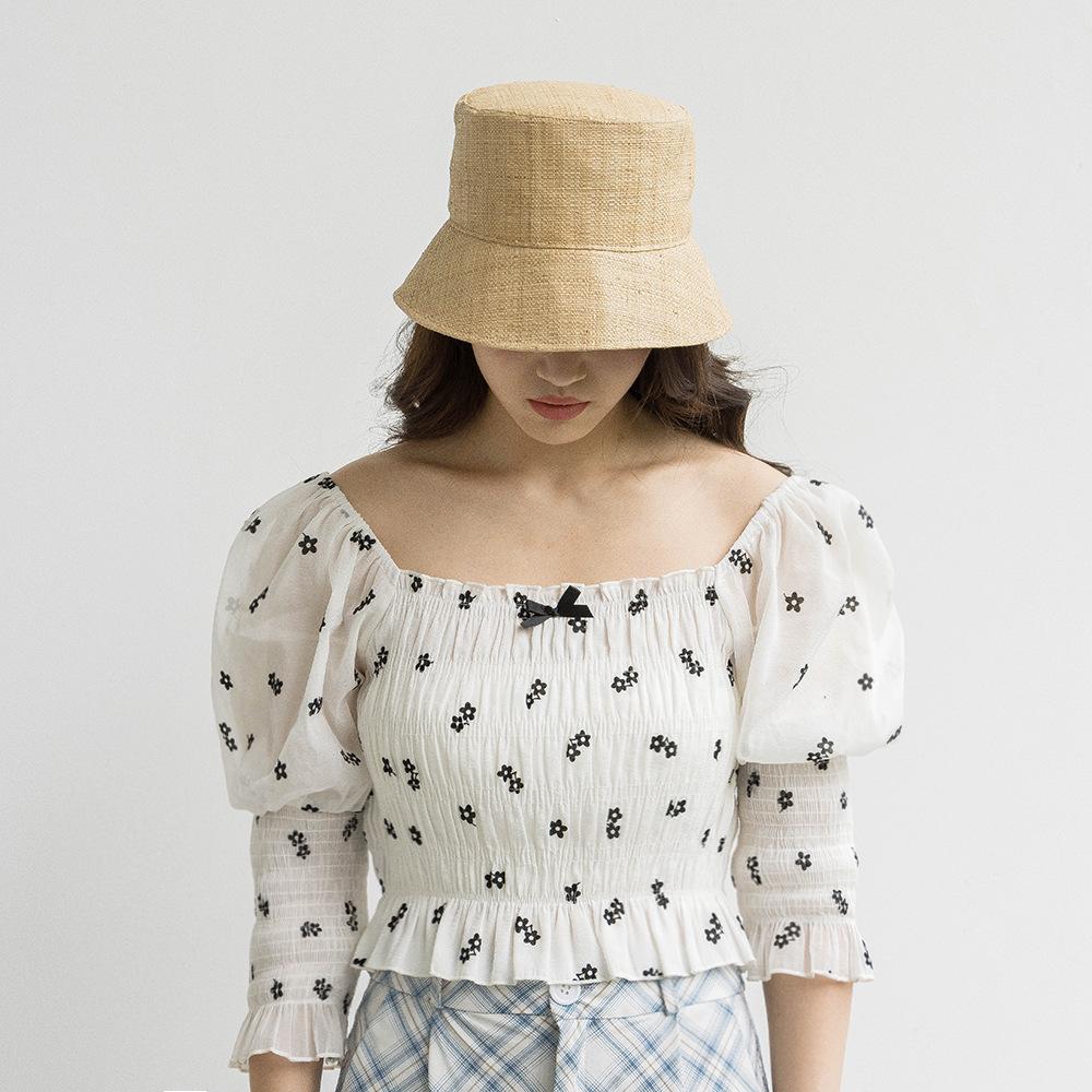 European and American spring and summer new fashion simple raffia fabric flat top bucket hat outdoor travel sunscreen sunshade straw hat