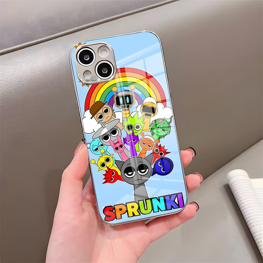 Kreslený herný obal Sprunki na telefón pre iPhone 17 Pro Max 15 Pro 16 14 Plus 12 13 Mini 11 Pro Nárazuvzdorný galvanicky pokovovaný sklenený kryt