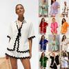 Women Spring Summer Turn-down Collar Solid Color Short Sleeve Shirt Suit Casual Wide Leg Shorts Two Piece Set S-XL