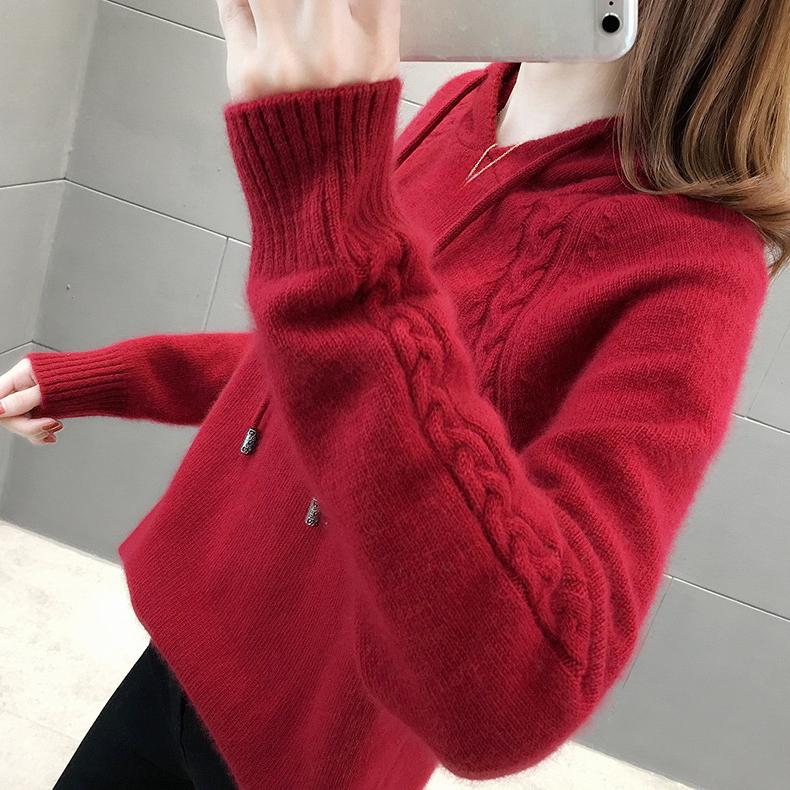 Hooded Sweater Women's Autumn and Winter Long Sleeved Knitted Sweater Loose and Lazy Style Hoodie Top Rest Pullover